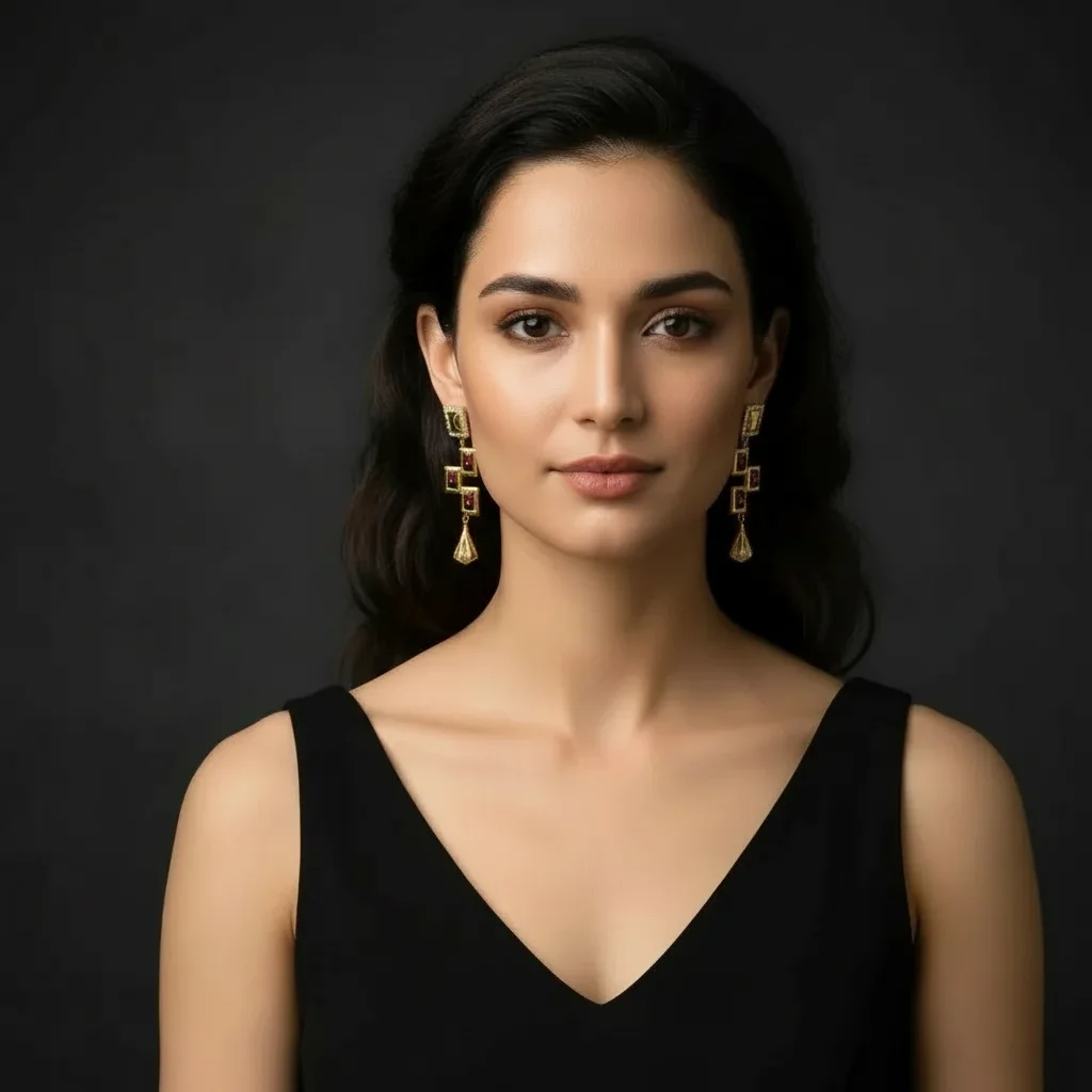 Elegant Geometric Gold & Ruby Dangle Earrings