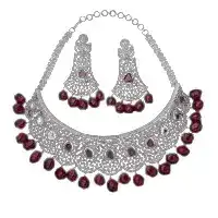 Elegant Silver CZ Necklace Set with Ruby Drops